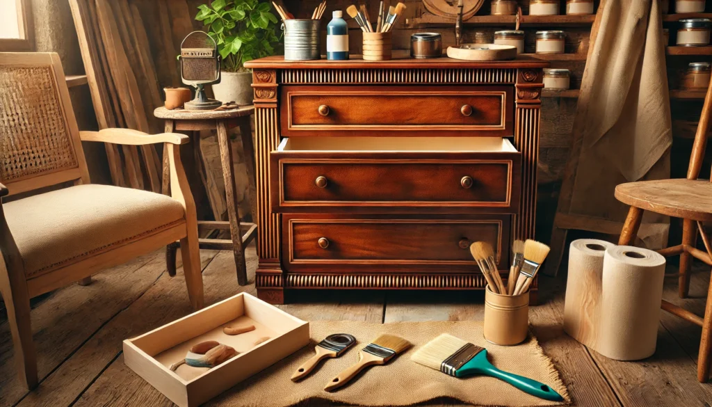 DALL·E 2025 03 17 16.28.07 A beautifully restored vintage wooden dresser in a cozy workshop. The dresser has a fresh coat of paint with a smooth, elegant finish. Nearby, there a