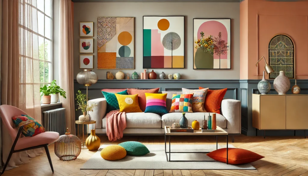 DALL·E 2025 03 17 17.05.53 A stylish and colorful living room with a well balanced mix of tones. The room features a neutral base with vibrant accents, such as colorful cushions