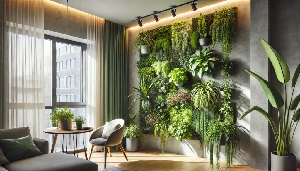DALL·E 2025 03 17 17.58.31 A beautiful indoor vertical garden in a modern living space. The wall is covered with lush green plants arranged in a stylish, well organized manner.