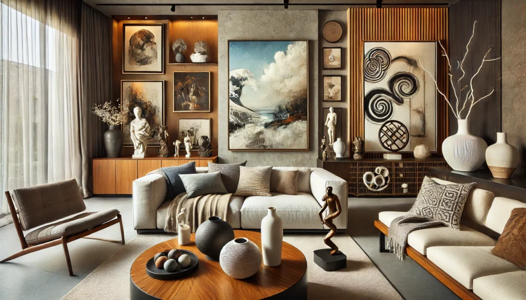DALL·E 2025 03 17 19.05.23 A stylish and artistic living room featuring various art objects that enhance the decor. The space includes a large painting on the wall, a modern scu