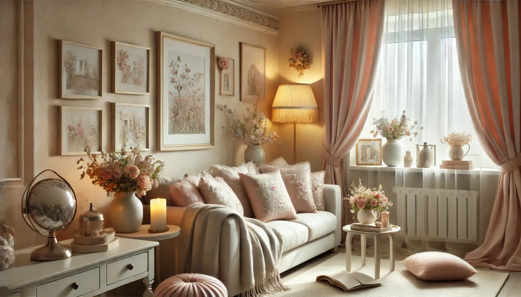 DALL·E 2025 03 17 23.27.39 A beautifully decorated living room with a delicate and elegant atmosphere. The room features soft pastel colors, cozy fabrics, and floral elements. A