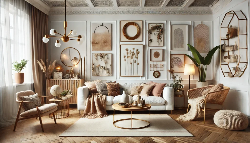 DALL·E 2025 03 20 20.50.40 A beautifully designed living room showcasing a mix of different decorating styles. The space features a blend of minimalist, Scandinavian, modern, an