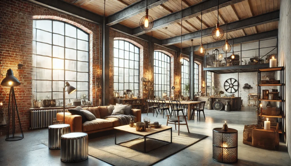 DALL·E 2025 03 21 20.14.15 A modern industrial style living space featuring exposed brick walls, metal and wood furniture, large factory style windows, and hanging Edison bulb l