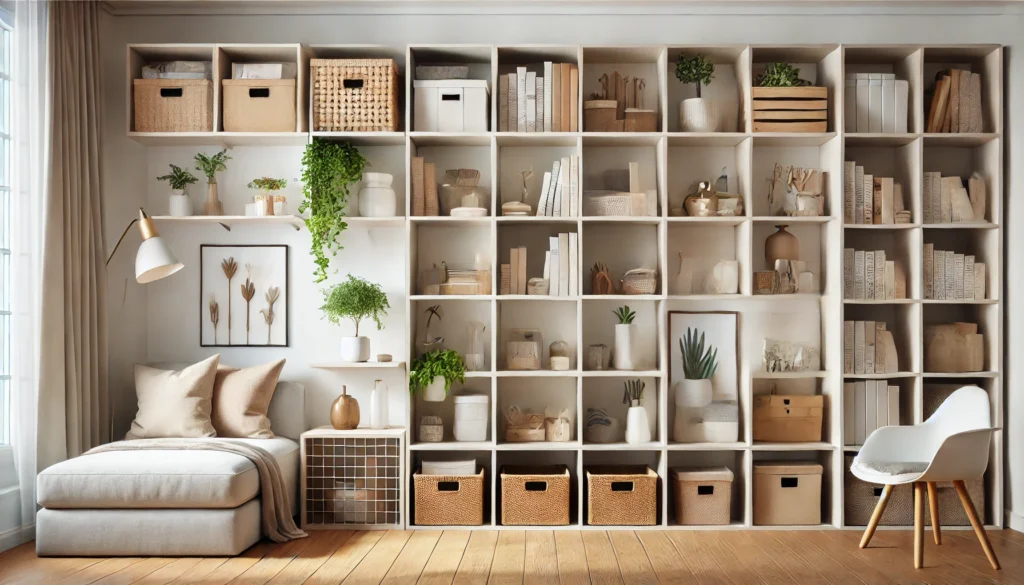 DALL·E 2025 03 21 21.16.06 A well organized modern living room featuring built in wall niches and floating shelves used for storage and decoration. The niches are filled with bo