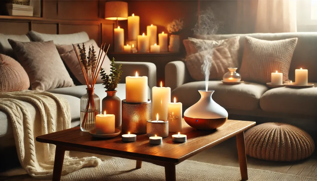 DALL·E 2025 03 21 22.21.11 A cozy and relaxing living space decorated with candles and aromatic elements. The room features softly glowing candles of various sizes on a wooden c