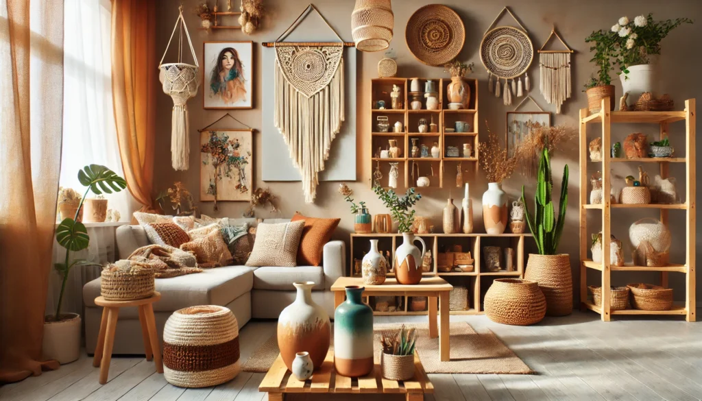 DALL·E 2025 03 22 22.03.00 A beautifully decorated living space featuring handmade decorations such as macrame wall hangings, hand painted vases, woven baskets, and DIY wooden s