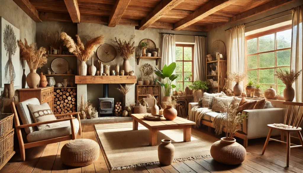 DALL·E 2025 03 22 22.09.43 A cozy rustic living room decorated with natural elements such as wooden furniture, stone accents, indoor plants, and woven textiles. The space featur