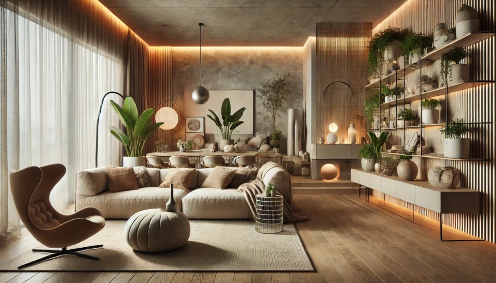 DALL·E 2025 03 22 22.24.05 A stylish and modern living room showcasing the top home decor trends for 2025. The space features a mix of sustainable materials, minimalist furnitur