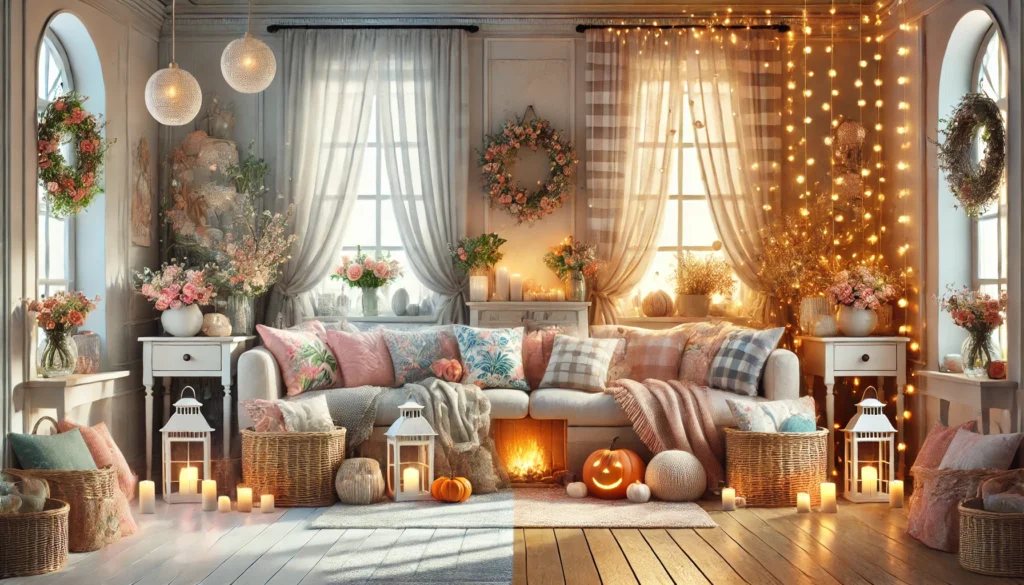 DALL·E 2025 03 23 19.42.11 An ultra realistic image showcasing a cozy home interior decorated for all four seasons. One side of the room reflects spring with pastel colored pill